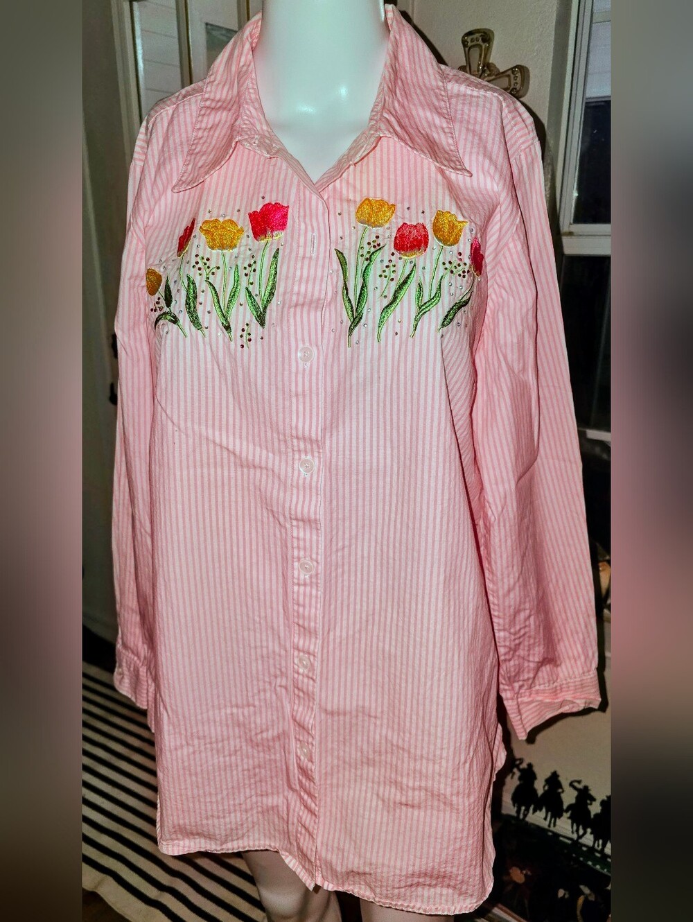 Embroidered Pink Stripe Button-Down Shirt - Floral Detail